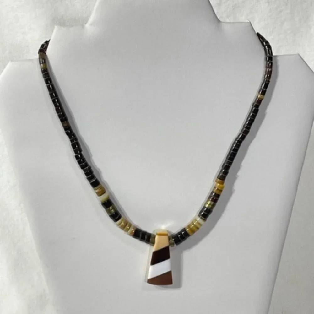 Vintage stone and inlay heishi necklace. Shell, onyx and jasper.